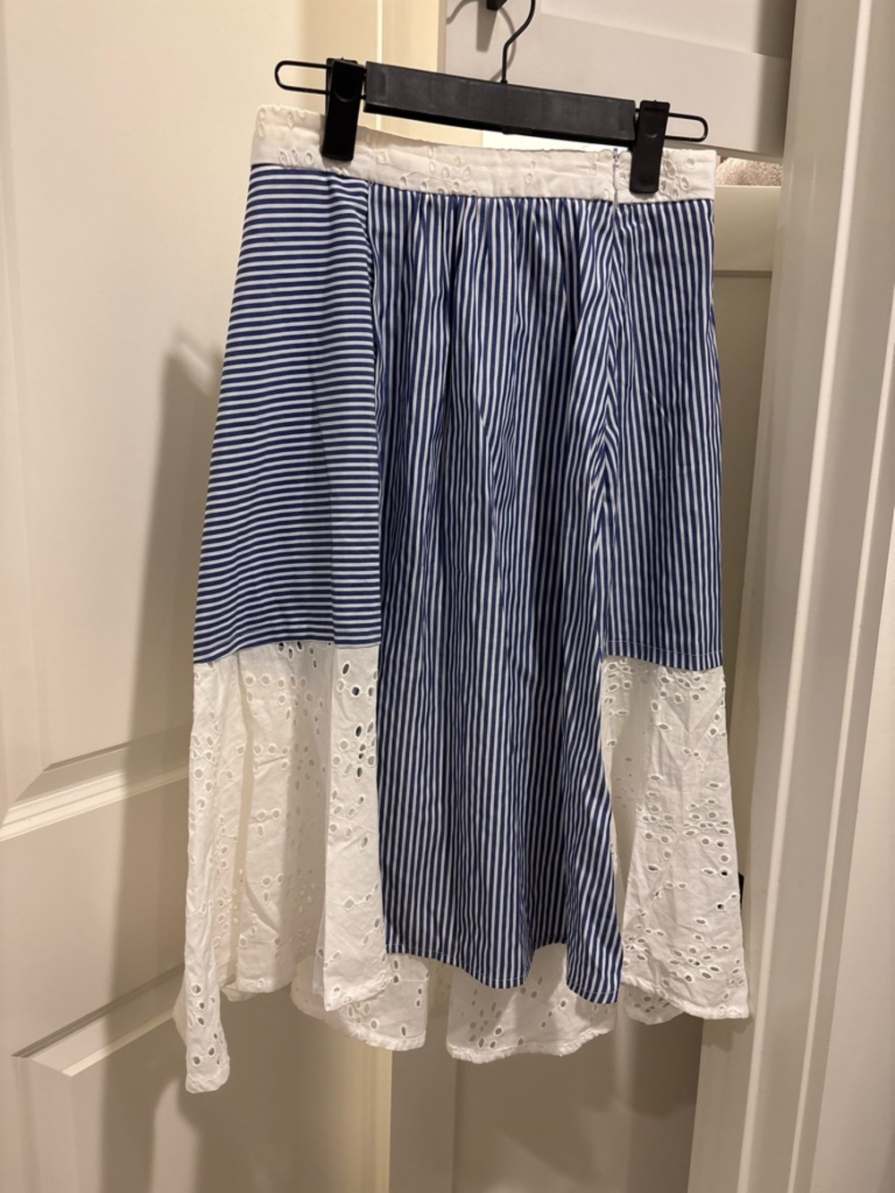 Blue and White Eyelet Hem Midi Skirt